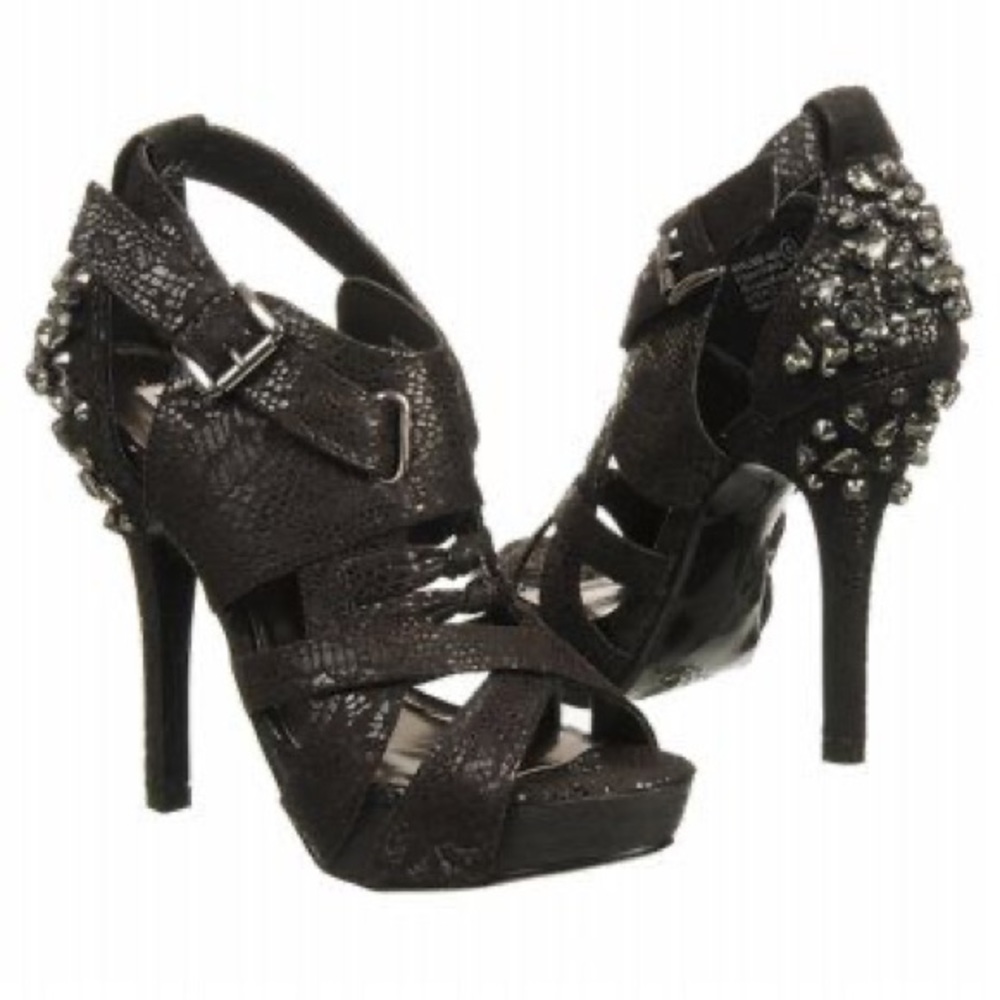Not Rated gangster pump black heels w/ rhinestone accents. 5” heel, 1” platform.